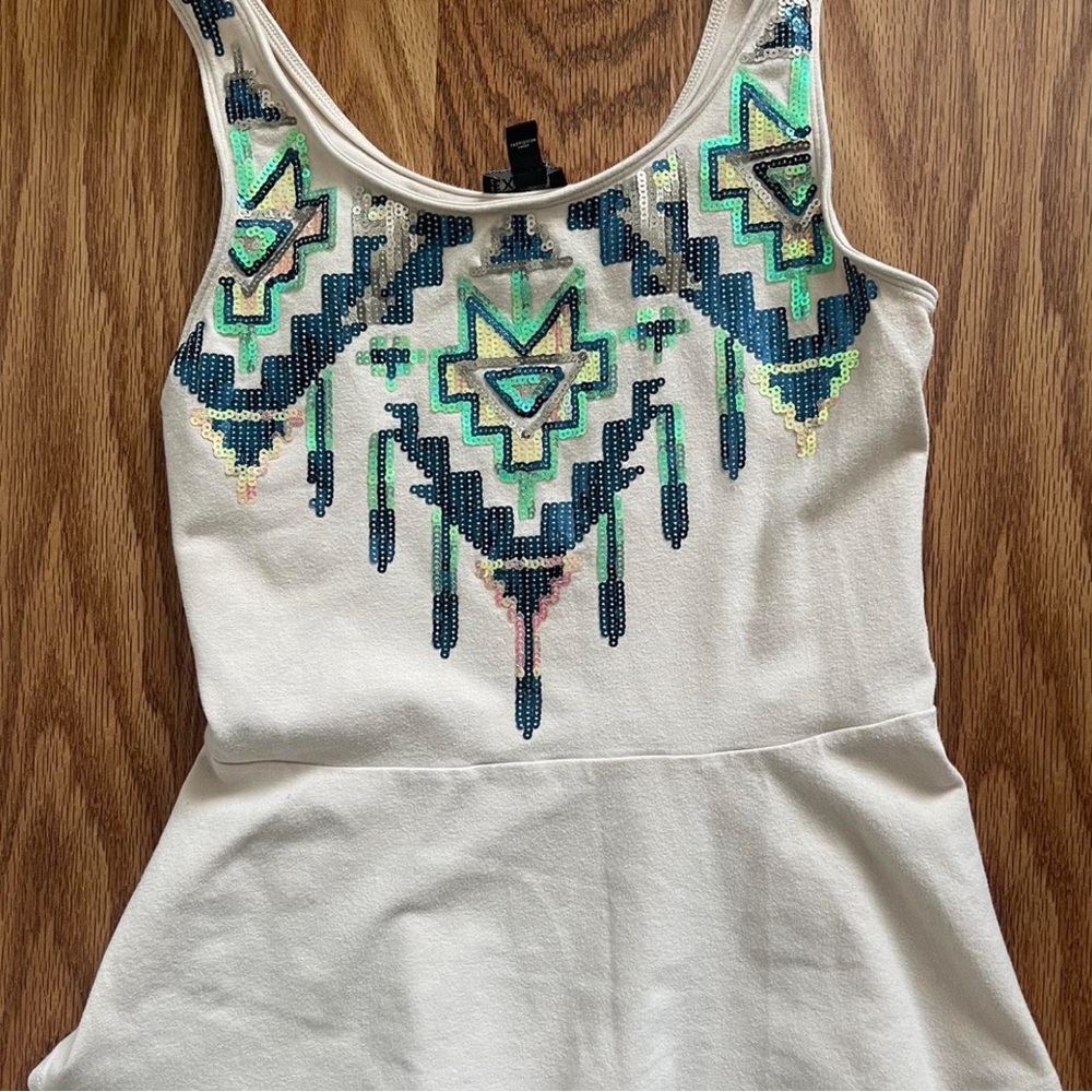 Express Blue Graphic Peplum Sleeveless Tank Top